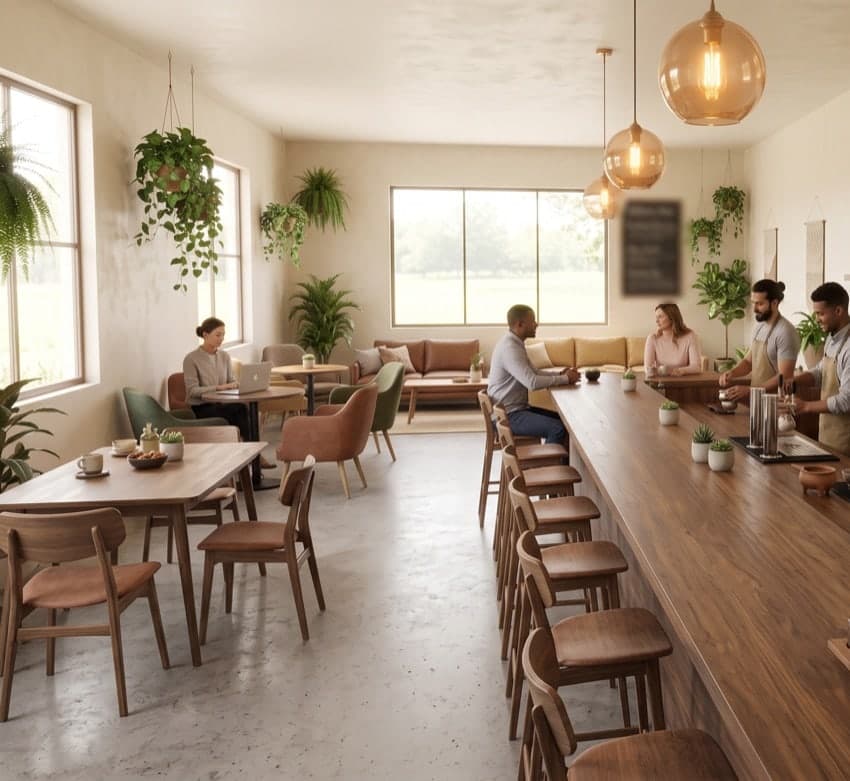 Concept rendering of the long walnut bar with stools, staff preparing drinks, plants and warm pendant lighting