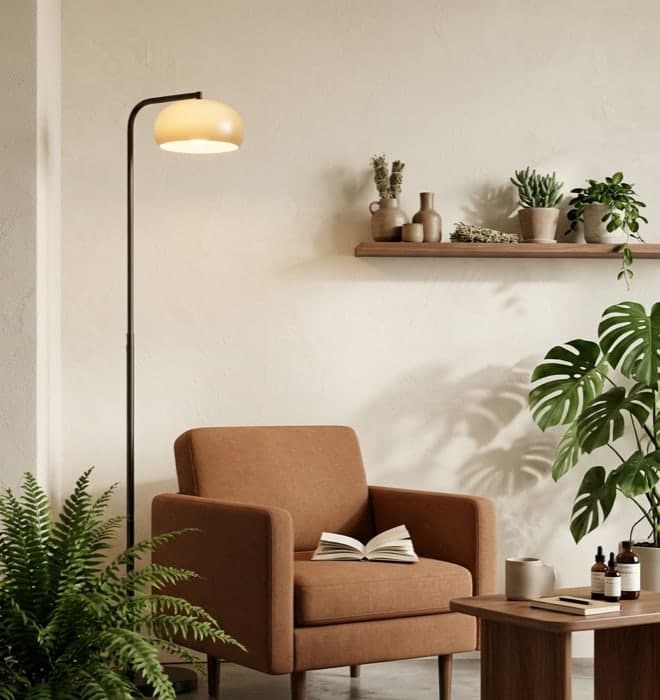 Concept rendering of a reading corner: a rust-colored armchair with an open book, a floor lamp and ferns