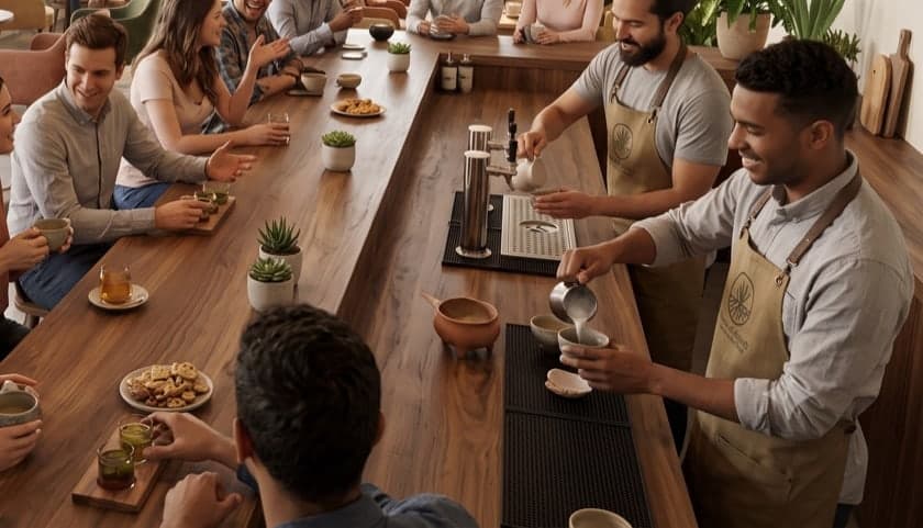 Concept rendering of guests talking over tea and kava at the bar while staff pour behind the counter