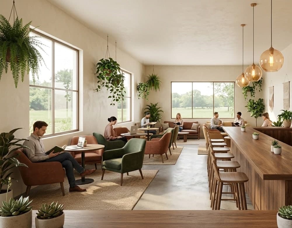 Concept rendering of the lounge: armchairs and small tables by large windows, hanging plants, and a long walnut bar